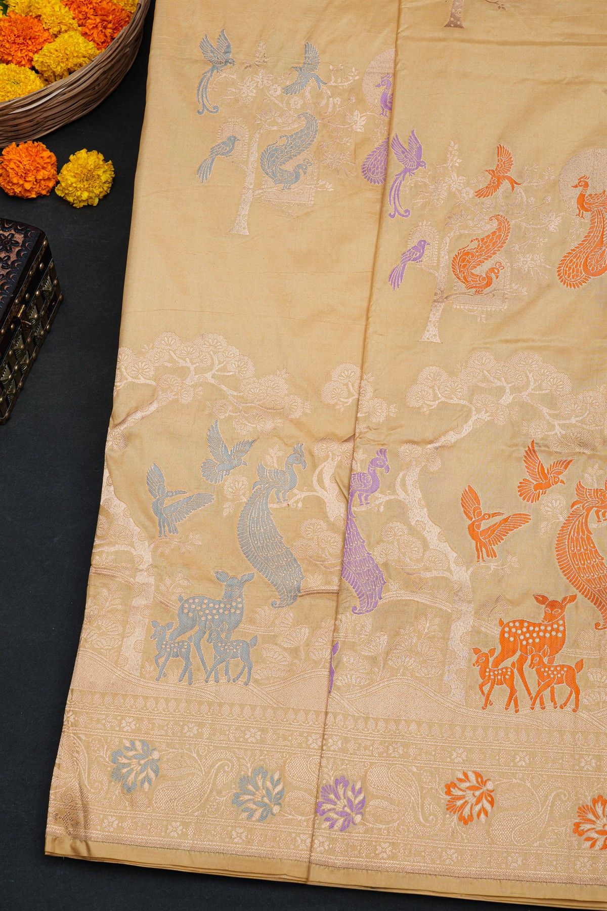 Banarasi Silk Cream Saree With Florals And Leaves In Zari Border