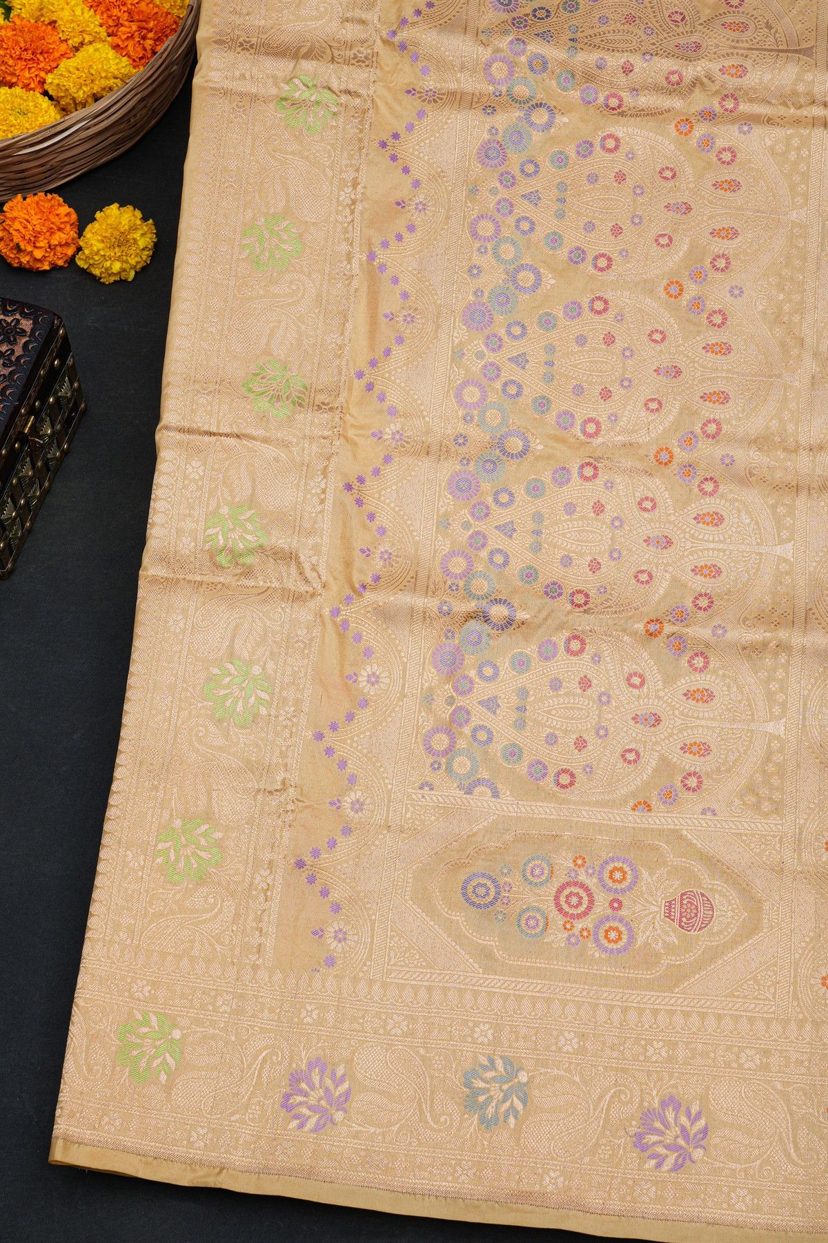 Banarasi Silk Cream Saree With Florals And Leaves In Zari Border