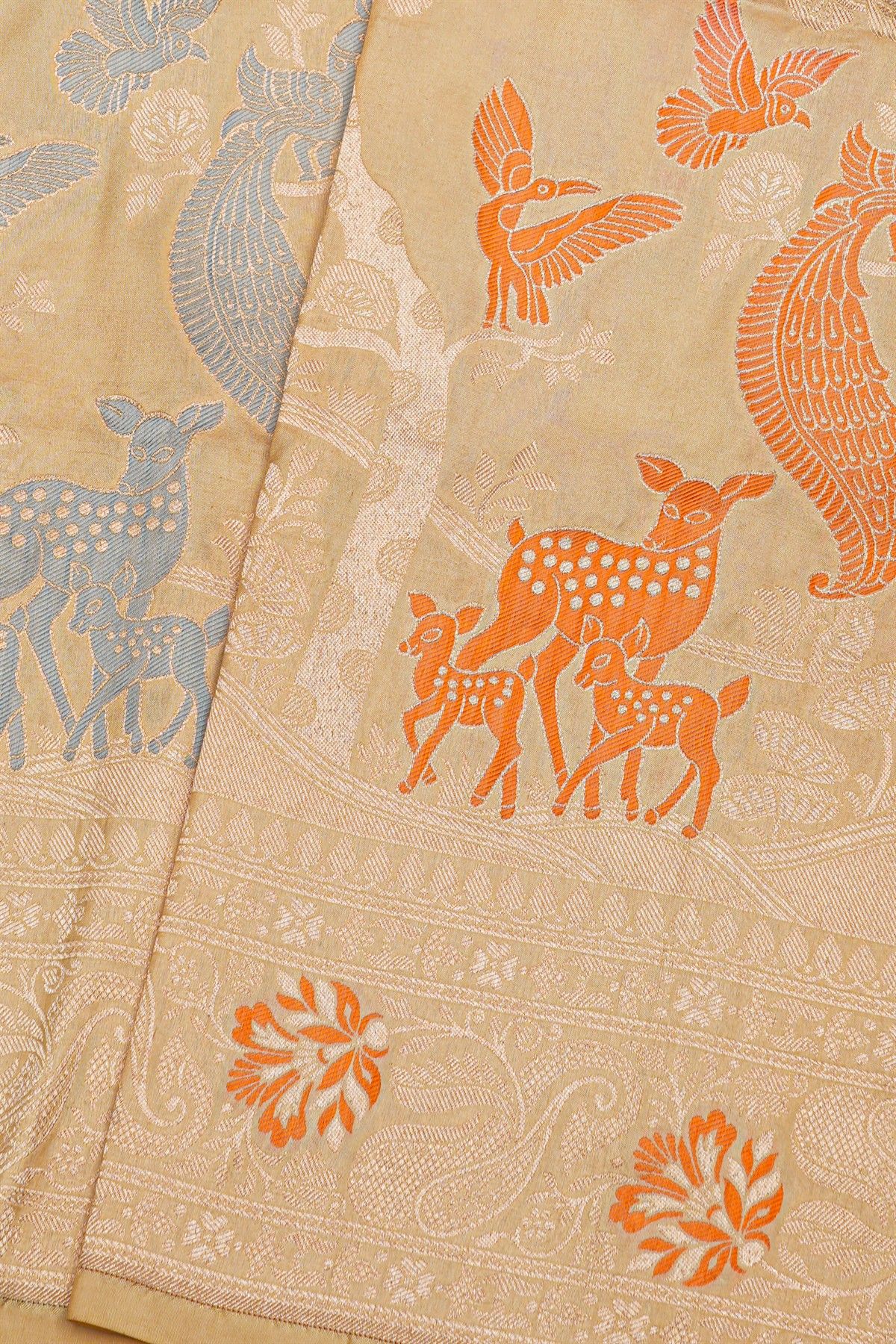 Banarasi Silk Cream Saree With Florals And Leaves In Zari Border