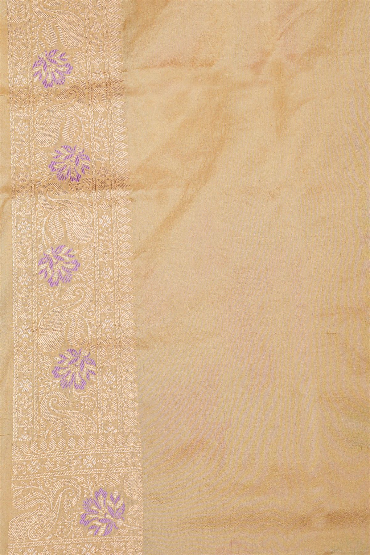 Banarasi Silk Cream Saree With Florals And Leaves In Zari Border