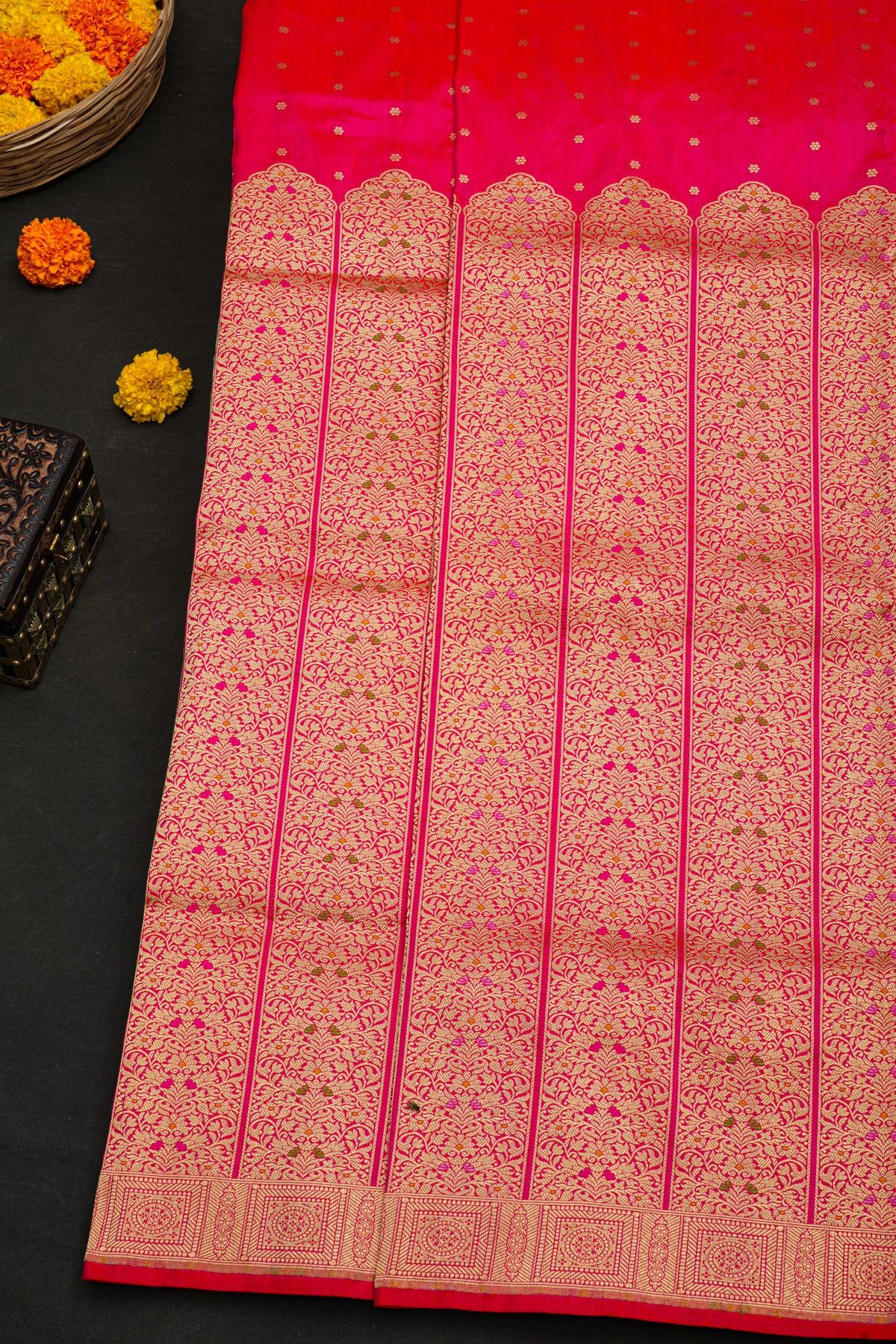 Banarasi Silk Pink Saree With Florals In Boxes Border