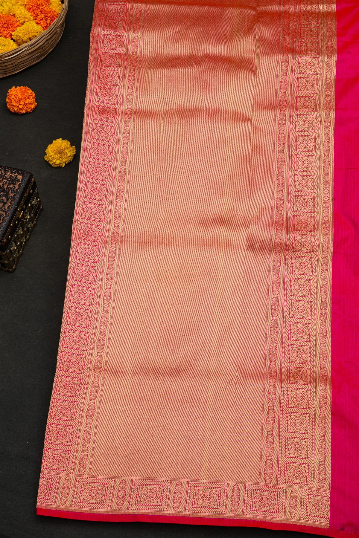 Banarasi Silk Pink Saree With Florals In Boxes Border