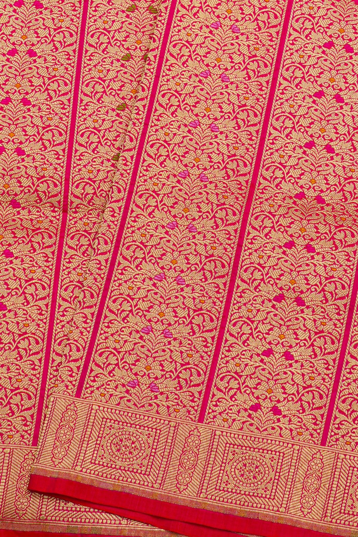 Banarasi Silk Pink Saree With Florals In Boxes Border