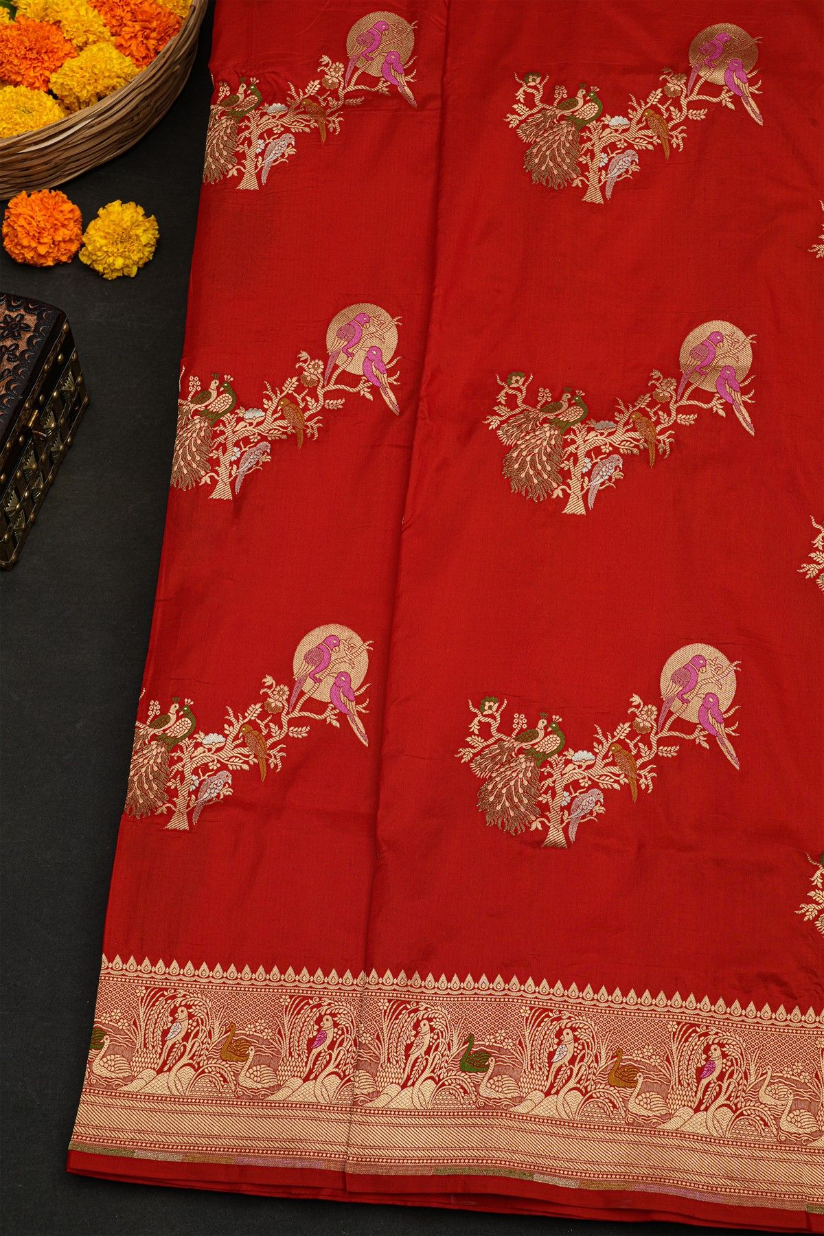 Banarasi Silk Red Saree With Florals And Birds In Zari