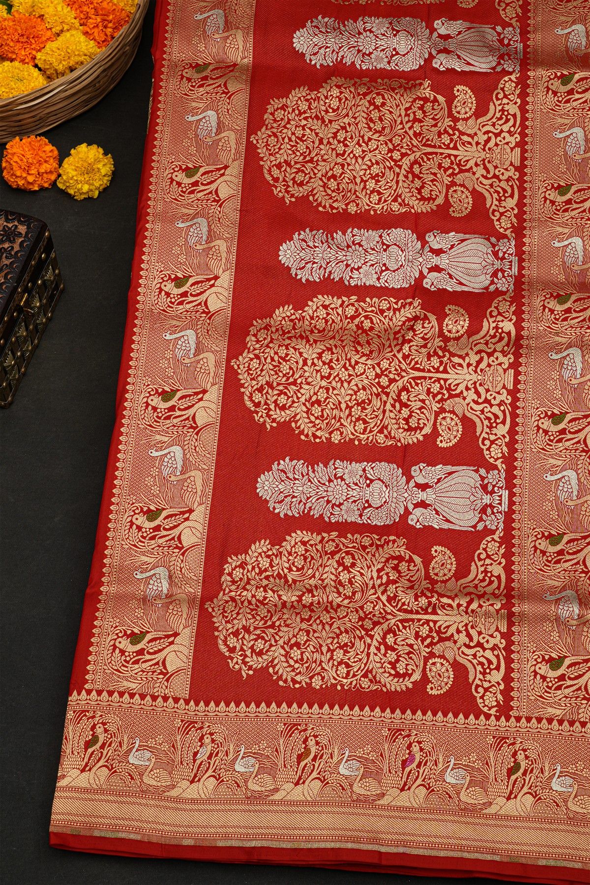 Banarasi Silk Red Saree With Florals And Birds In Zari