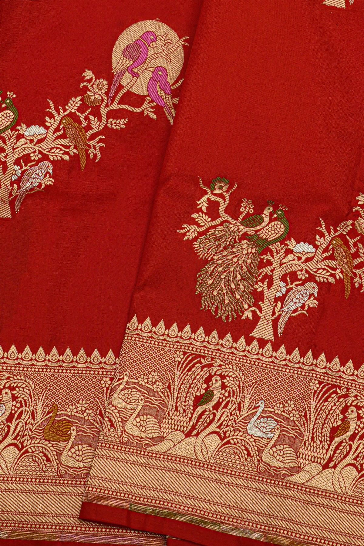 Banarasi Silk Red Saree With Florals And Birds In Zari