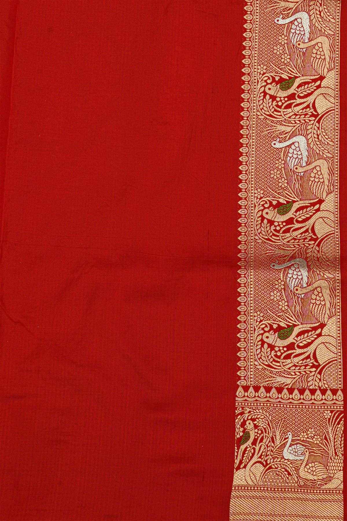 Banarasi Silk Red Saree With Florals And Birds In Zari