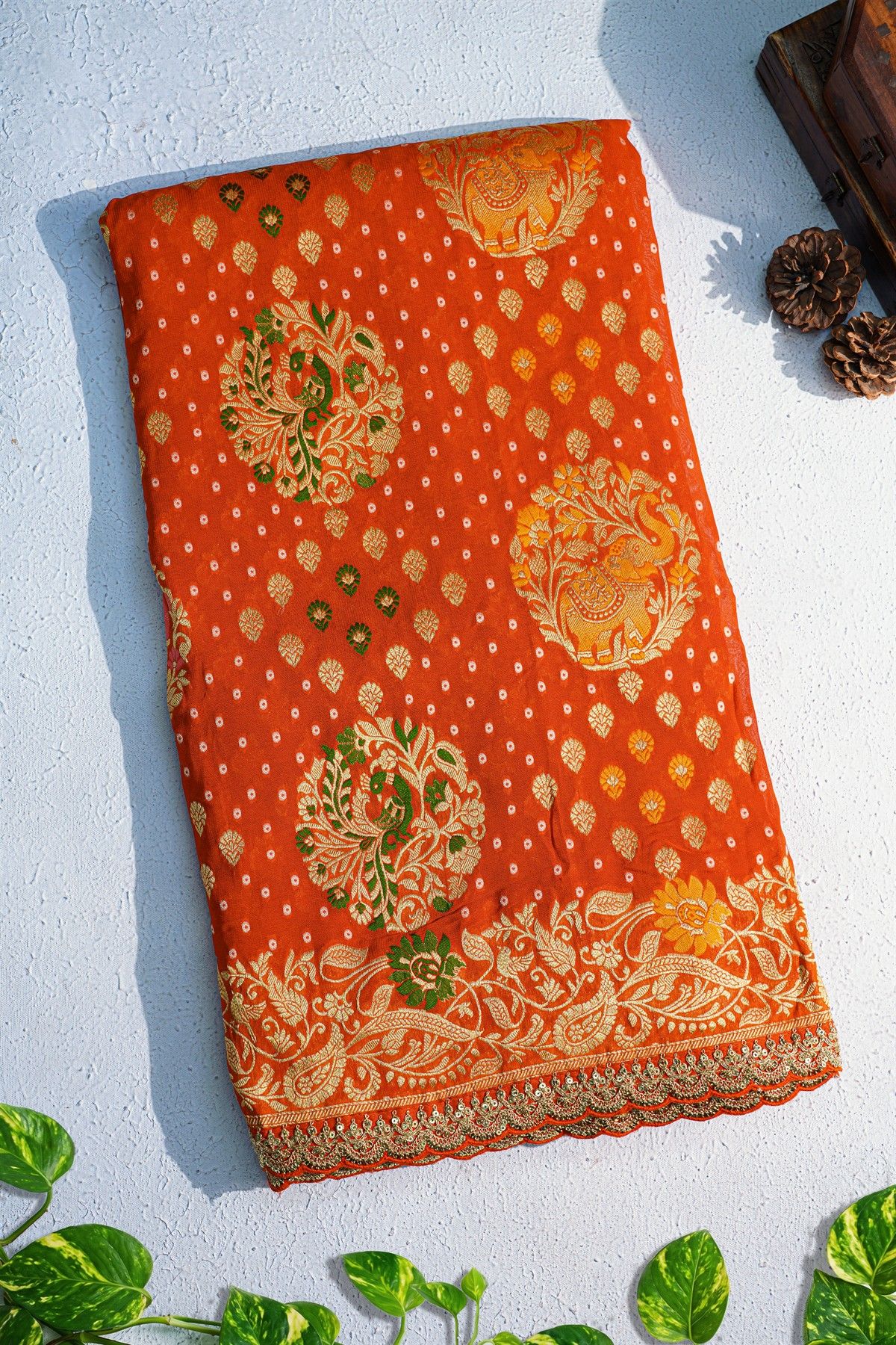 Designer Georgette Red Saree With Florals And Sequins Work Border