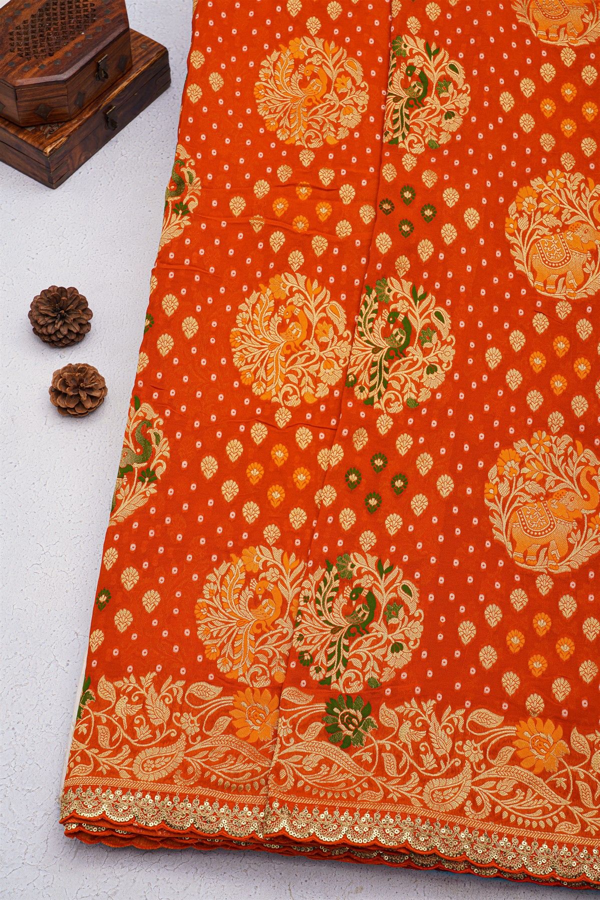 Designer Georgette Red Saree With Florals And Sequins Work Border