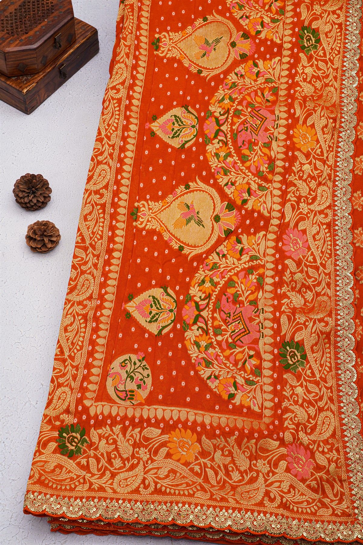Designer Georgette Red Saree With Florals And Sequins Work Border