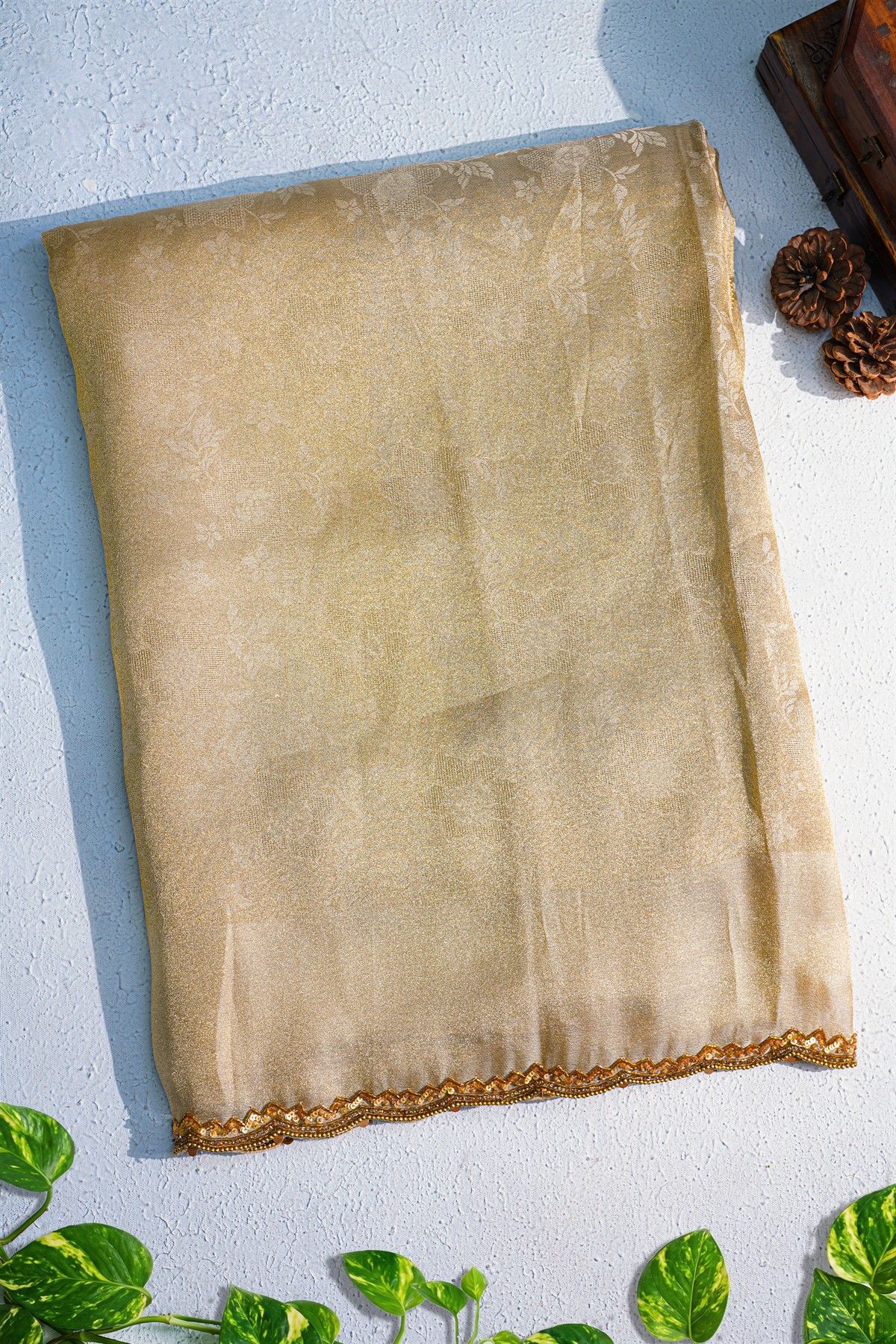Designer Satin Crepe Cream Saree With Waves Design With Kardhana Work Border