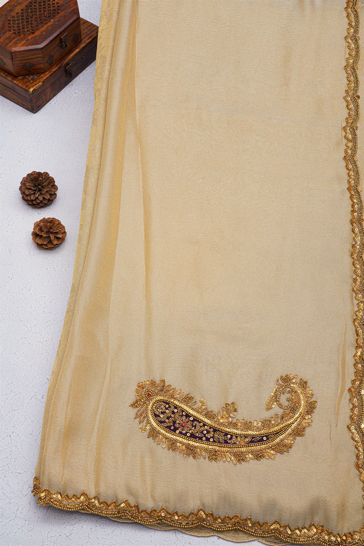 Designer Satin Crepe Cream Saree With Waves Design With Kardhana Work Border