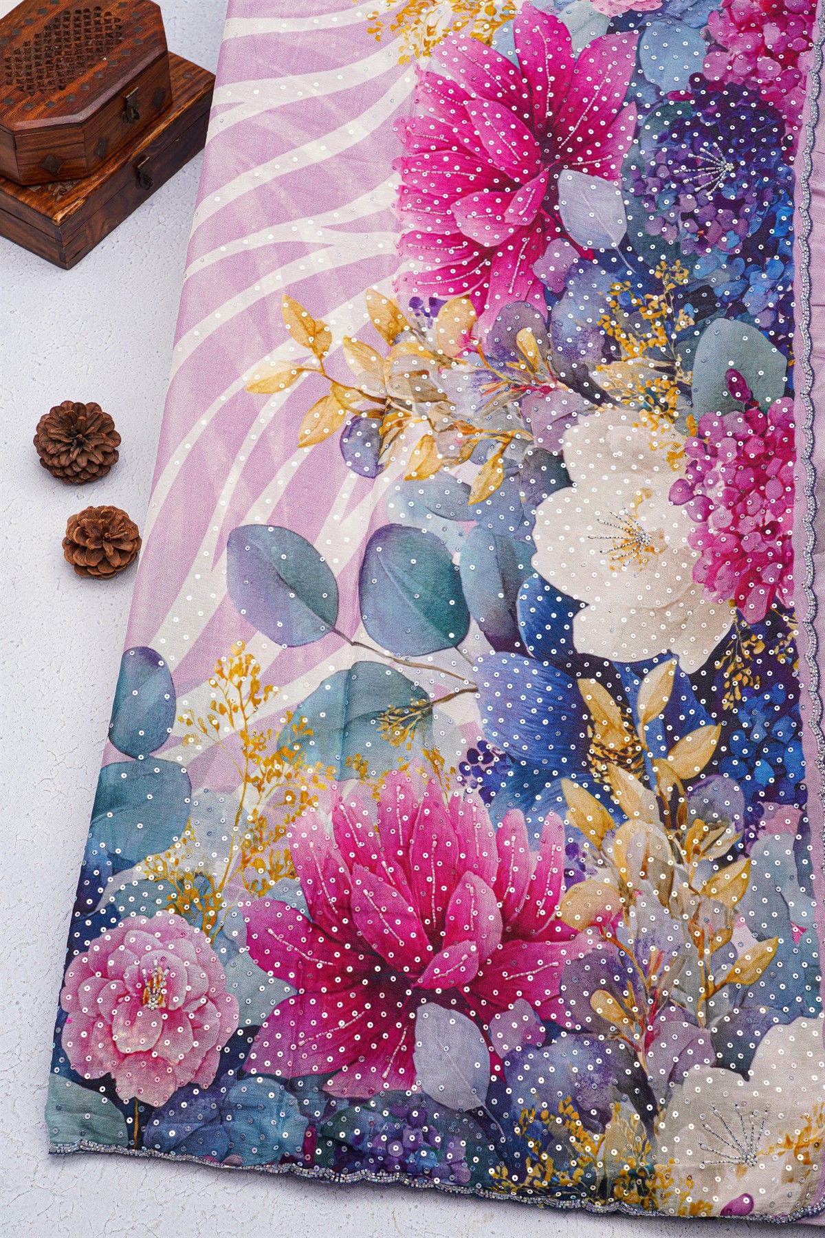 Designer Satin Crepe Dual Colour Saree With Florals And Leaves With Sequins And Kardhana Work Border