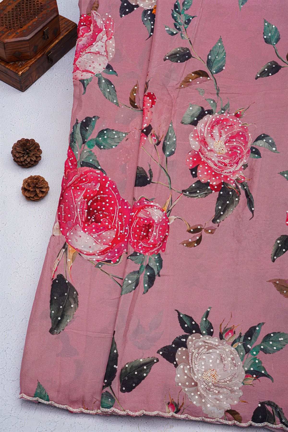 Designer Satin Crepe Onion Pink Saree With Flowers Design With Kardhana Work Border