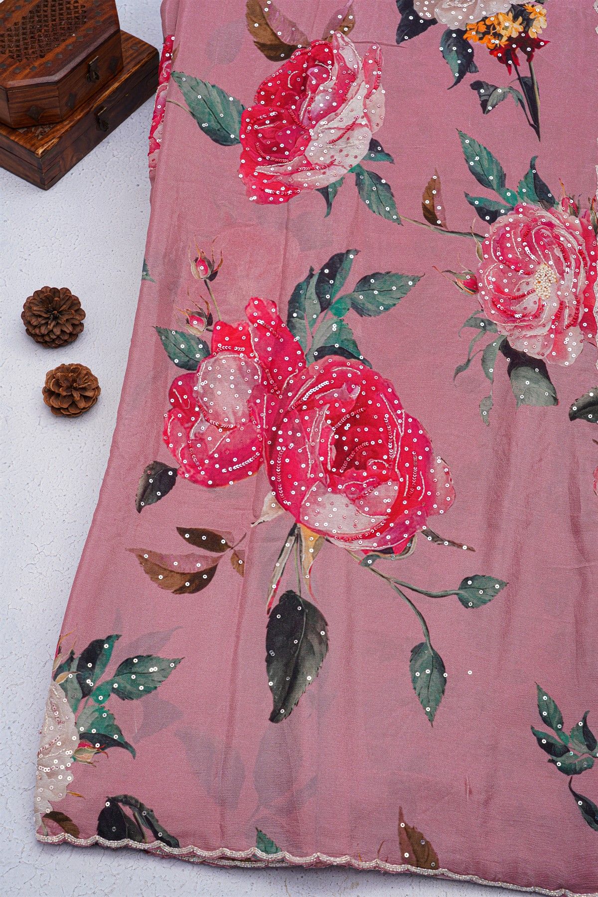 Designer Satin Crepe Onion Pink Saree With Flowers Design With Kardhana Work Border