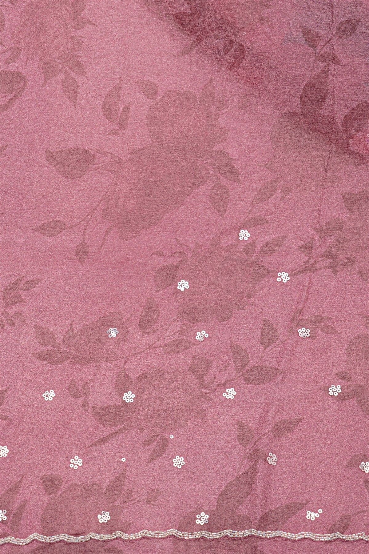 Designer Satin Crepe Onion Pink Saree With Flowers Design With Kardhana Work Border