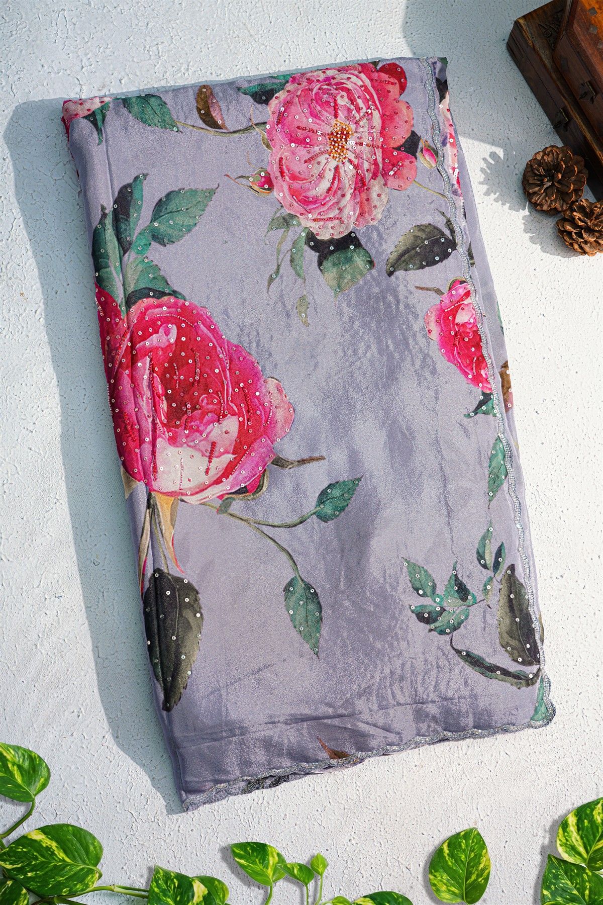 Designer Satin Crepe Grey Saree With All Over Flowers With Kardhana Work Border
