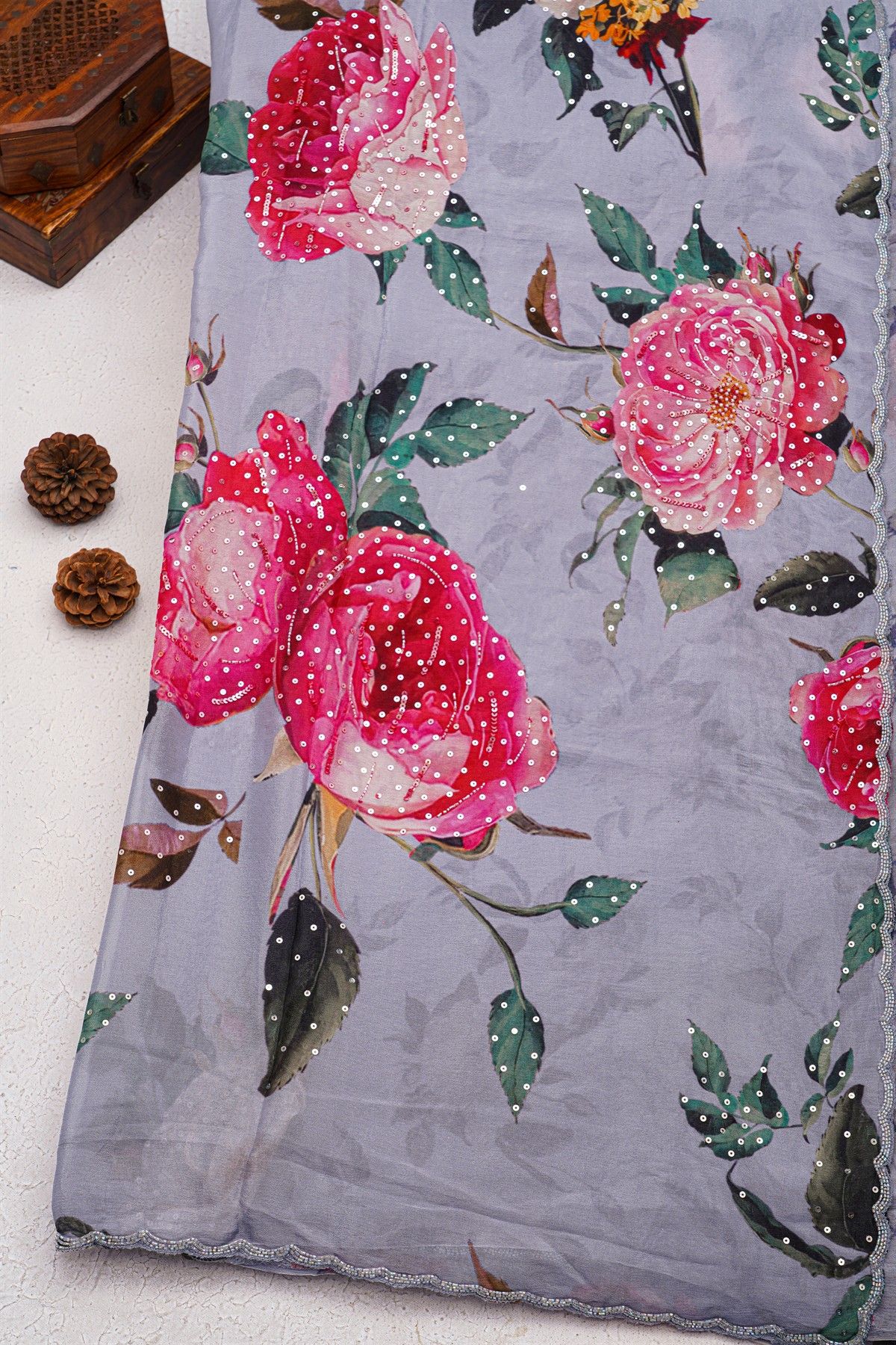 Designer Satin Crepe Grey Saree With All Over Flowers With Kardhana Work Border
