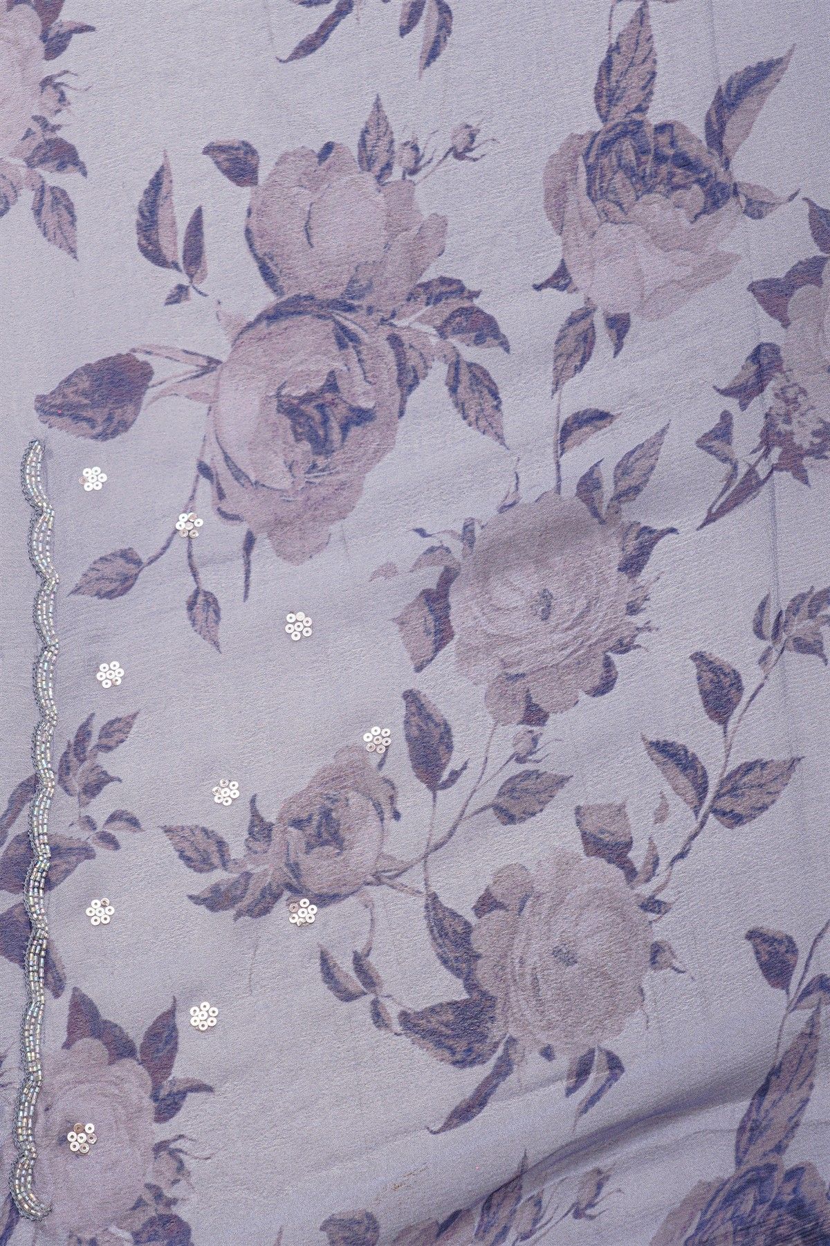 Designer Satin Crepe Grey Saree With All Over Flowers With Kardhana Work Border
