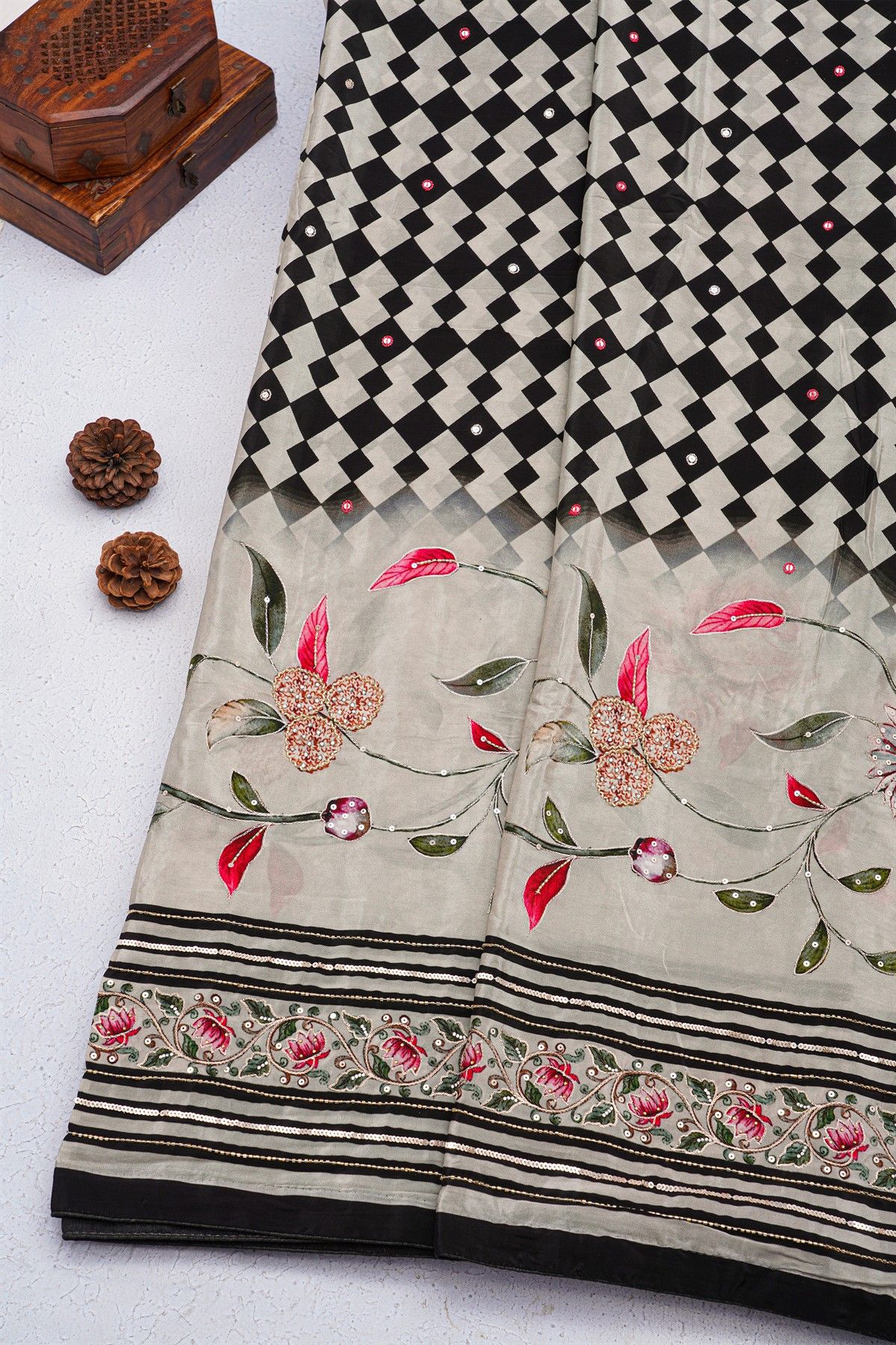Designer Satin Crepe Multi-Colour Saree With Florals In Sequins And Zardozi Work Border
