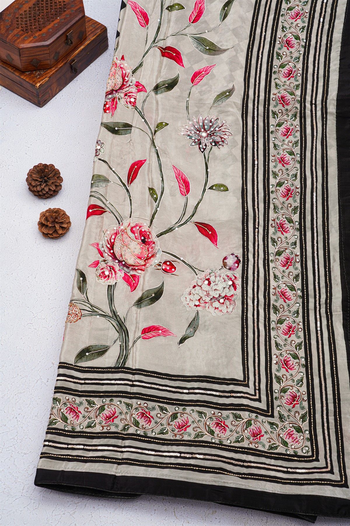 Designer Satin Crepe Multi-Colour Saree With Florals In Sequins And Zardozi Work Border