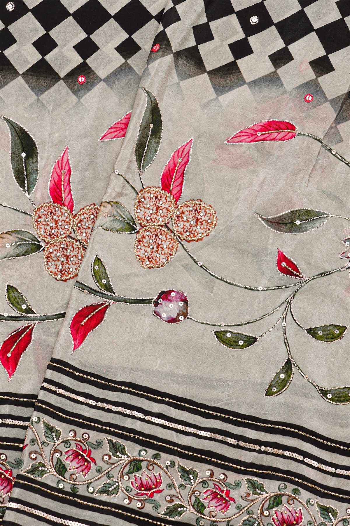 Designer Satin Crepe Multi-Colour Saree With Florals In Sequins And Zardozi Work Border