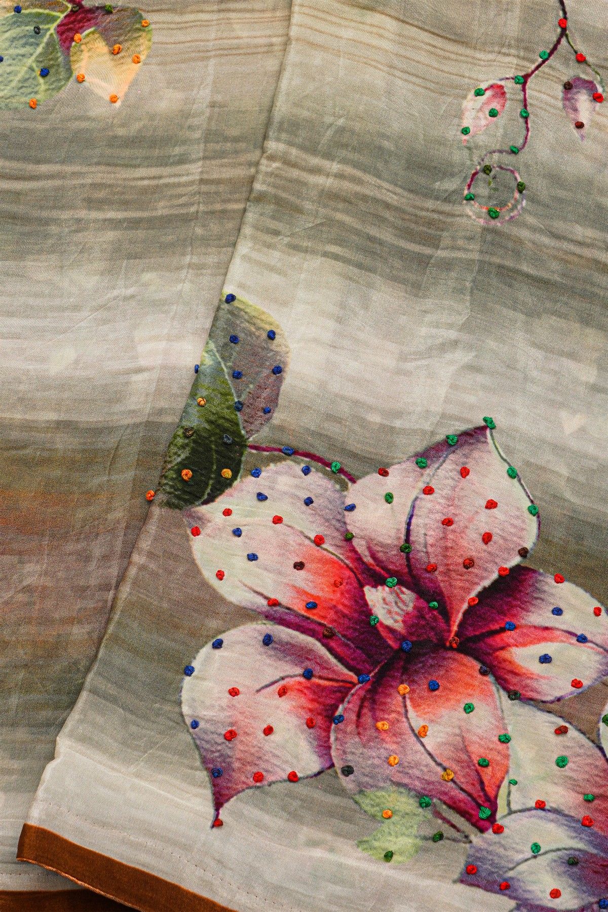 Designer Satin Crepe Multi-Colour Saree With Small Lace Border