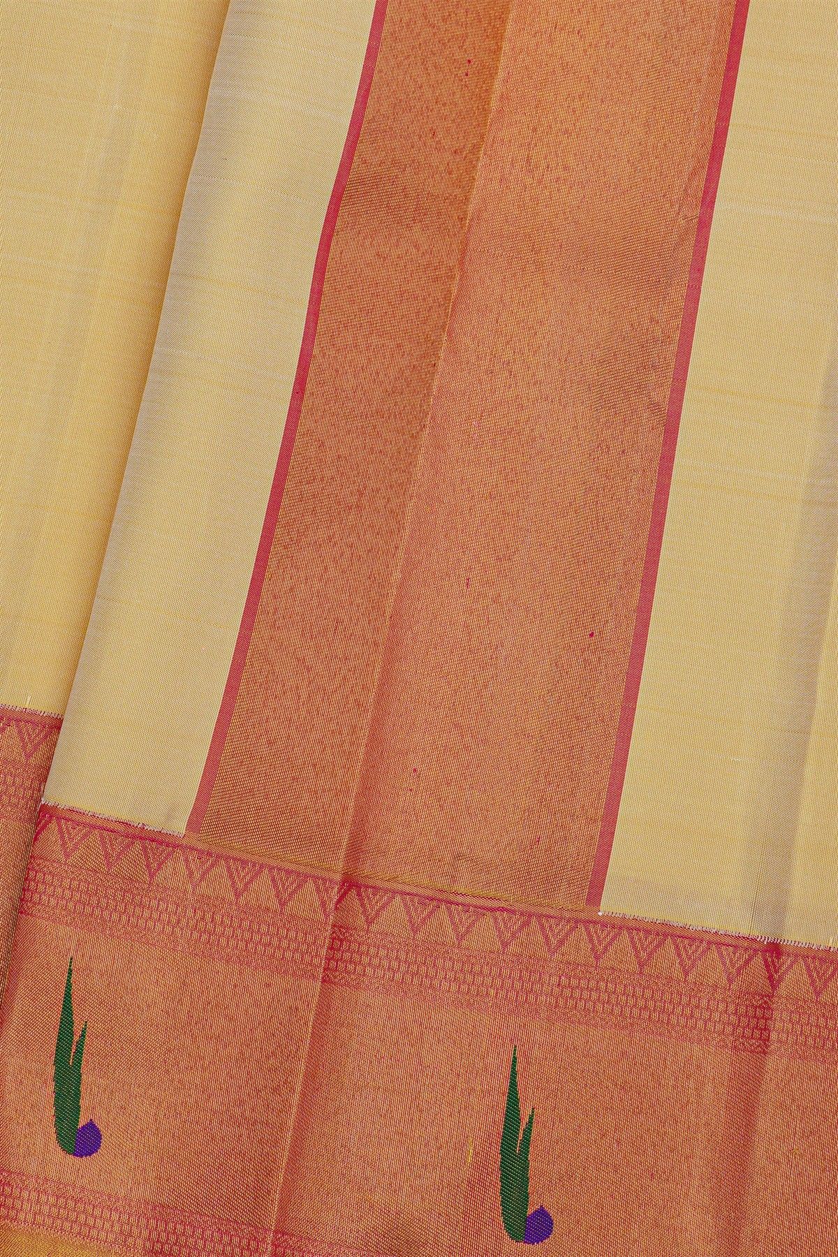 Kancheepuram Silk Cream Dhoti With Muniya Buttis Contrast Border