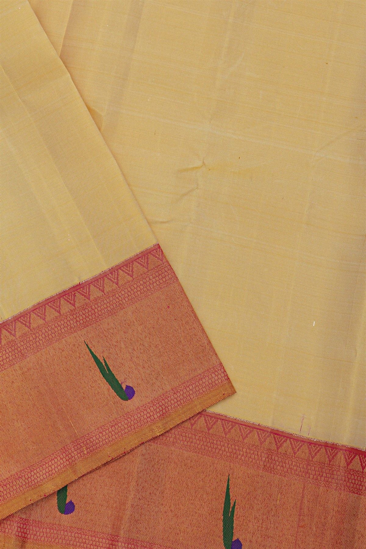 Kancheepuram Silk Cream Dhoti With Muniya Buttis Contrast Border