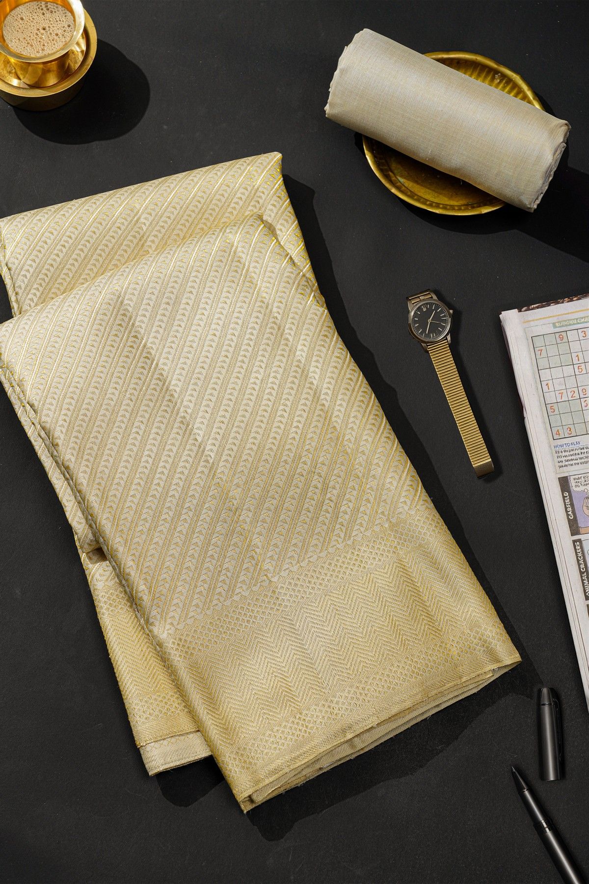 Kancheepuram Silk Off White Dhoti With Zig-Zag Lines Border