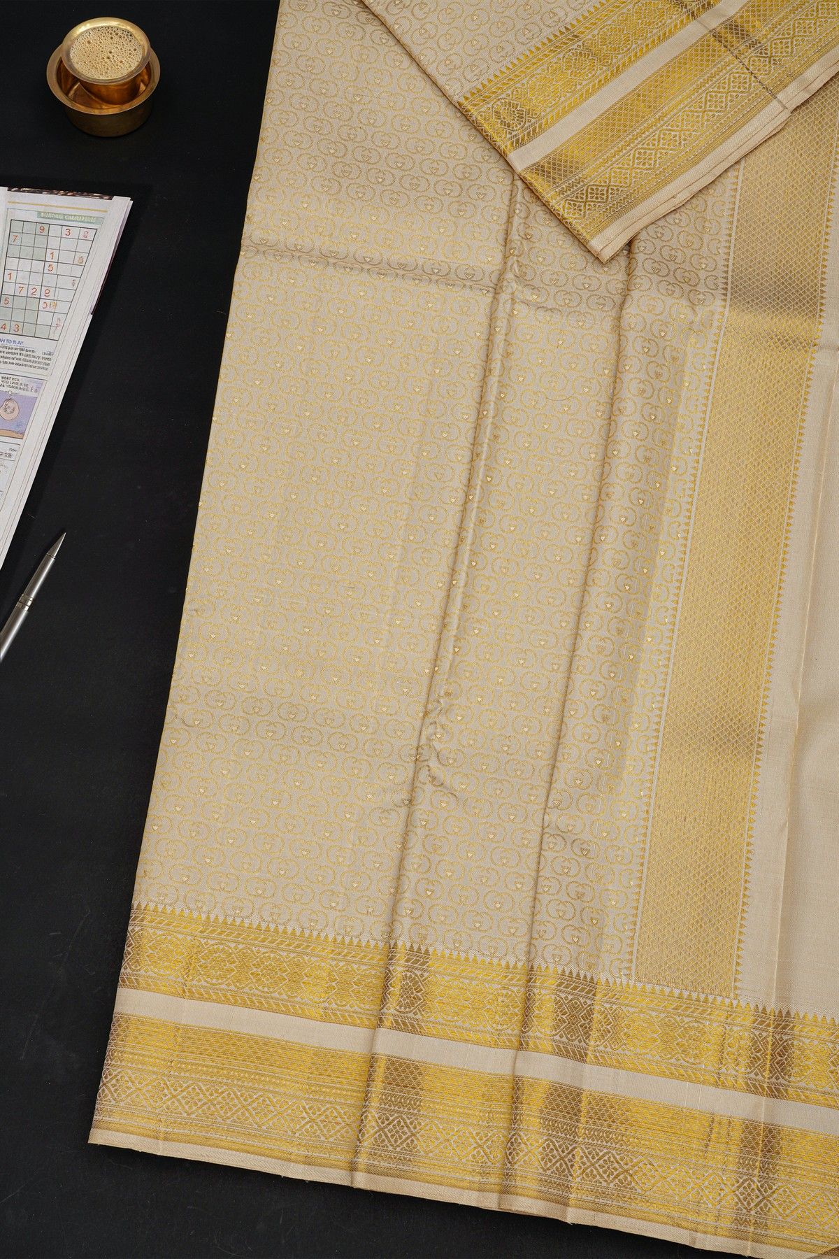 Kancheepuram Silk Off White Dhoti With Diamonds And Florals Border