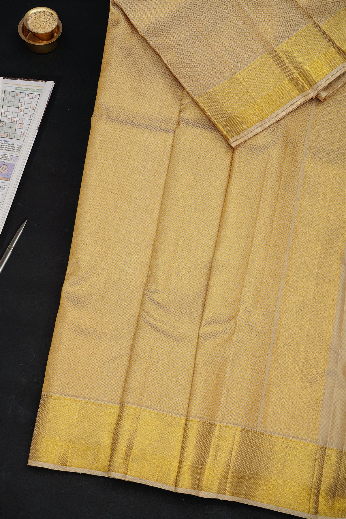 Kancheepuram Silk Cream Dhoti With Diamond Border