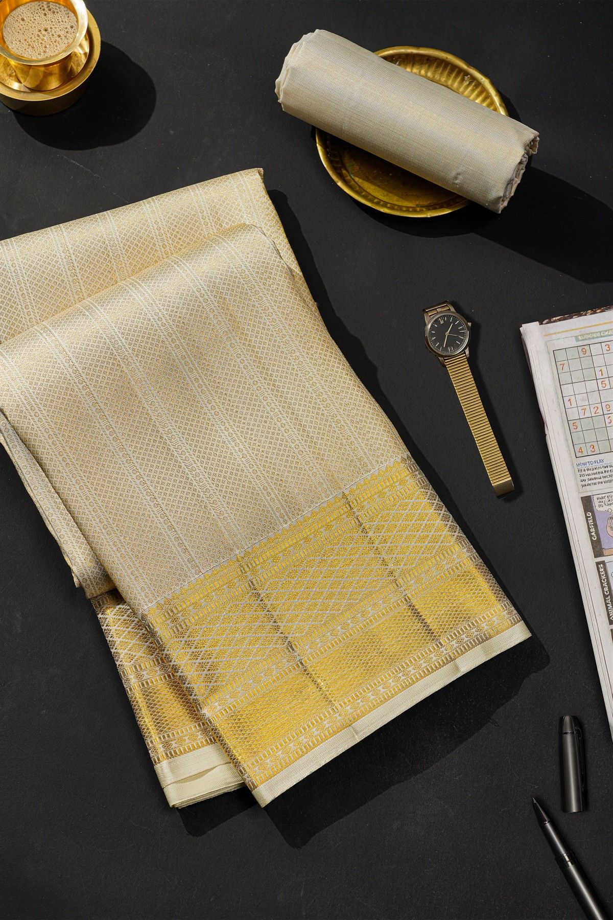 Kancheepuram Silk Off White Dhoti With Diamond Buttis