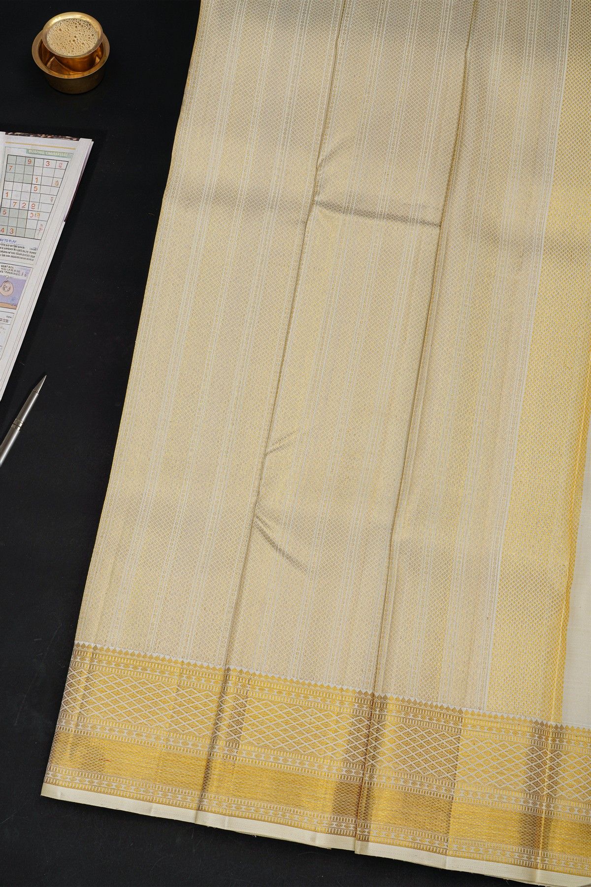 Kancheepuram Silk Off White Dhoti With Diamond Buttis