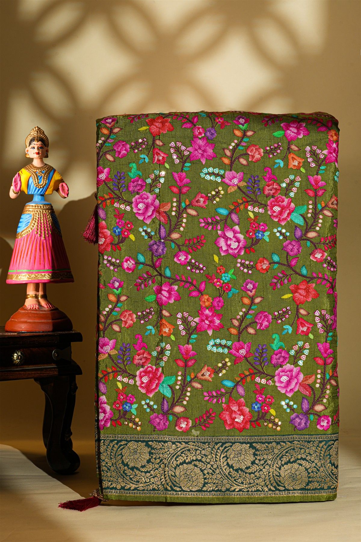 Banarasi Crepe Mehendi Green Saree