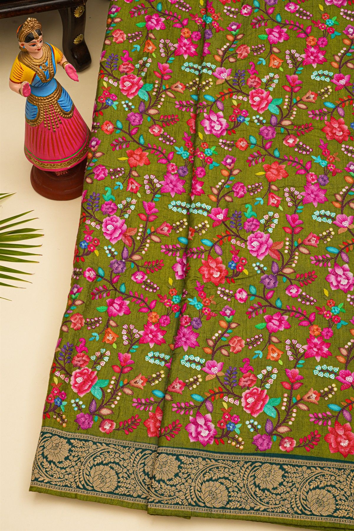 Banarasi Crepe Mehendi Green Saree