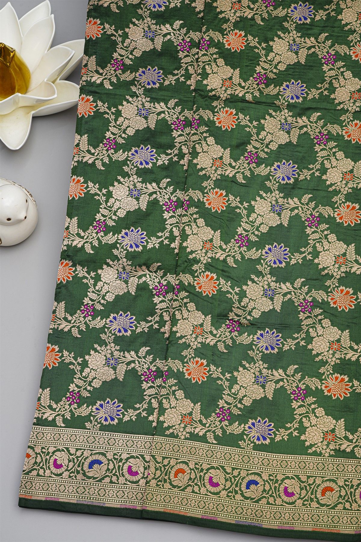 Banarasi Silk Dark Green Saree With Florals And Leaves Jaal Border