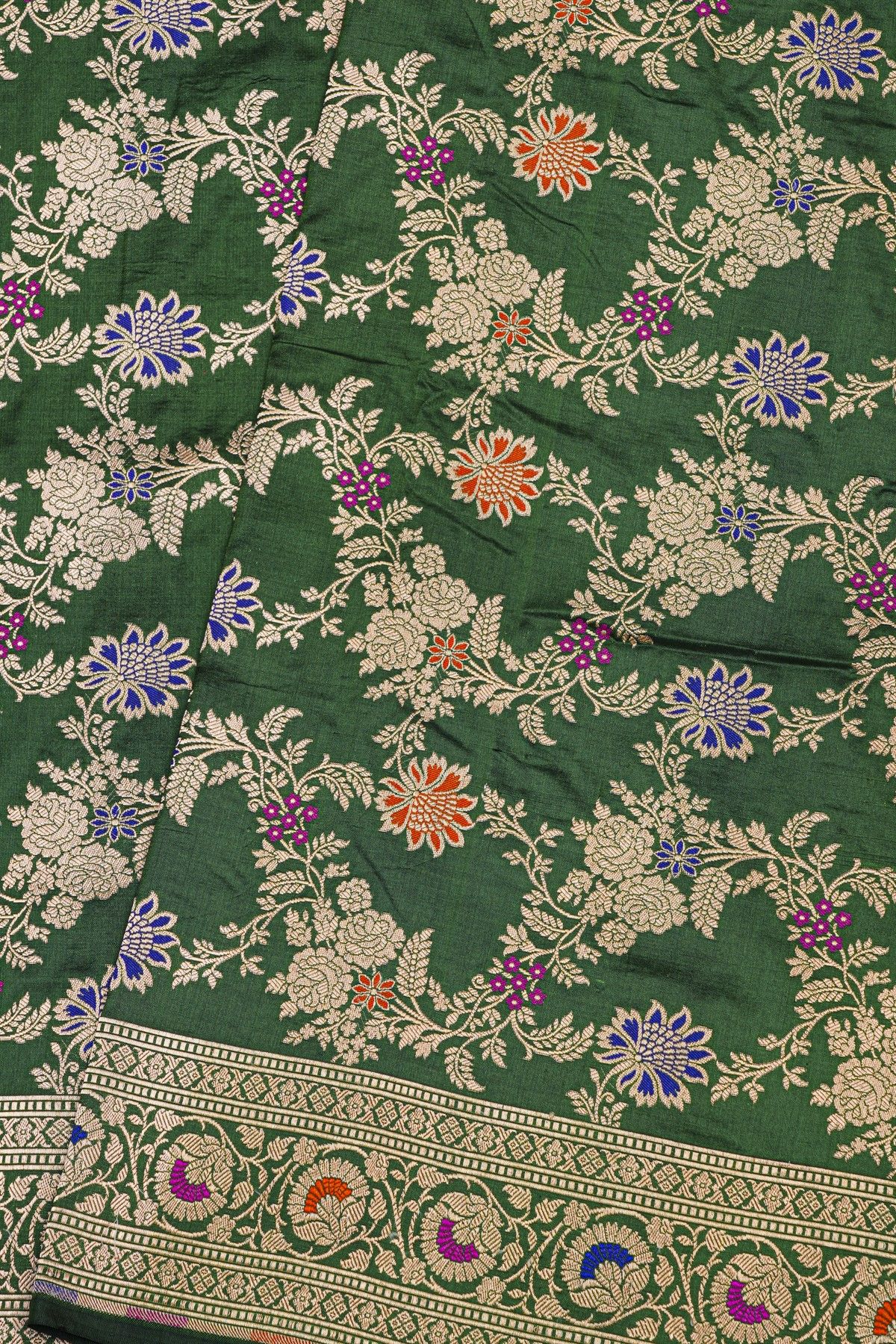 Banarasi Silk Dark Green Saree With Florals And Leaves Jaal Border