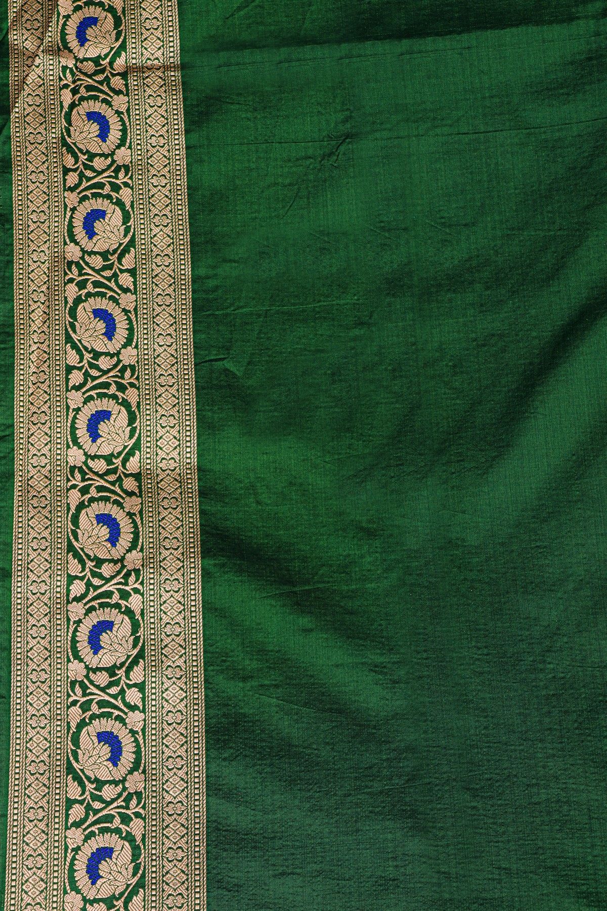 Banarasi Silk Dark Green Saree With Florals And Leaves Jaal Border