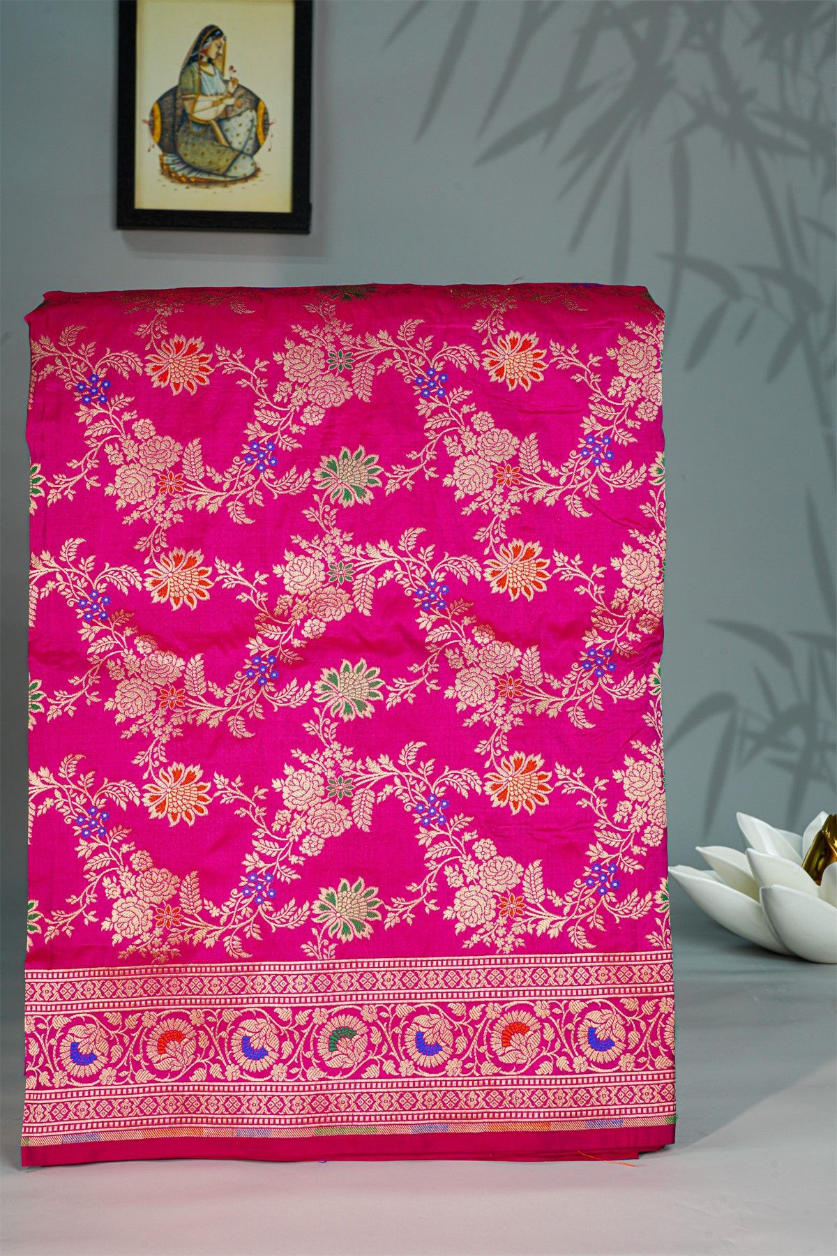 Banarasi Silk Rani Pink Saree With Florals And Leaves Jaal Body