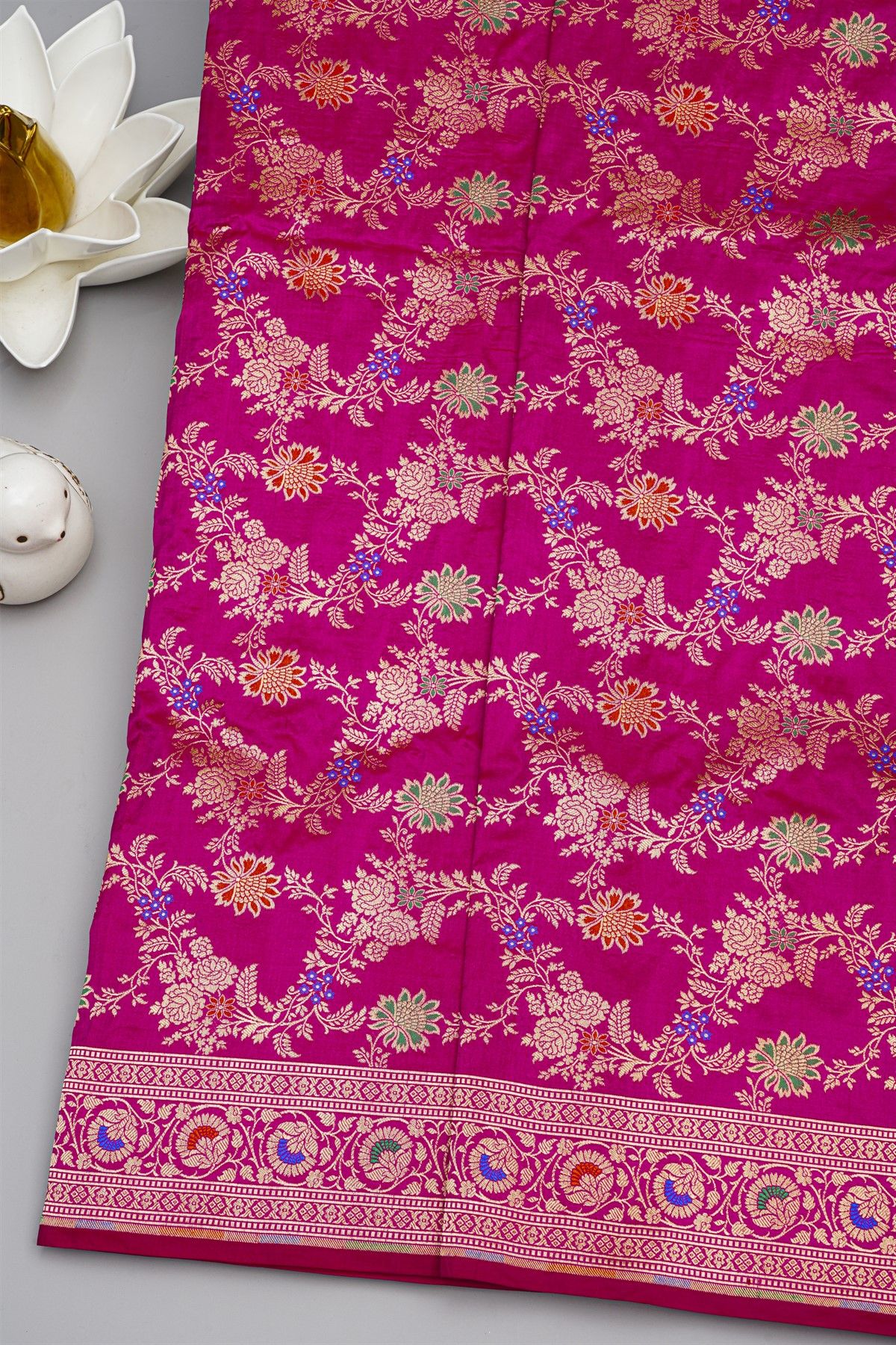 Banarasi Silk Rani Pink Saree With Florals And Leaves Jaal Body