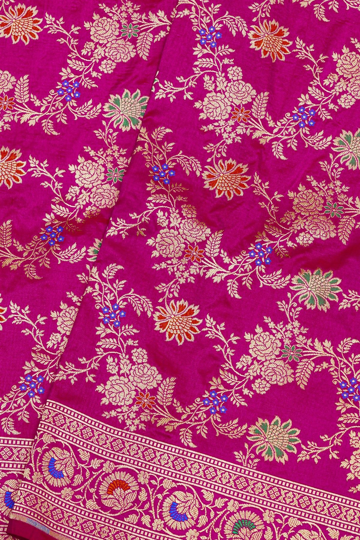 Banarasi Silk Rani Pink Saree With Florals And Leaves Jaal Body