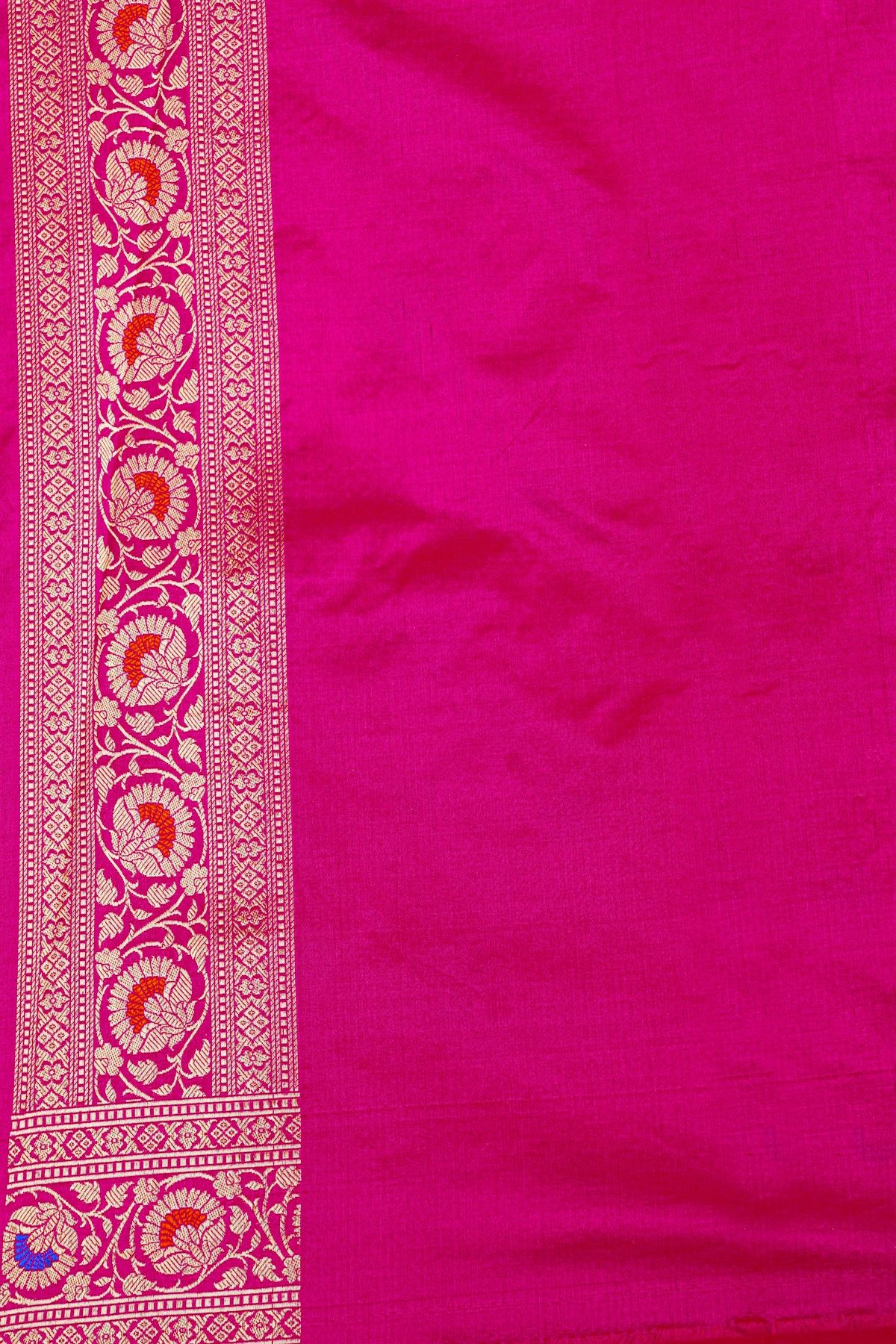 Banarasi Silk Rani Pink Saree With Florals And Leaves Jaal Body