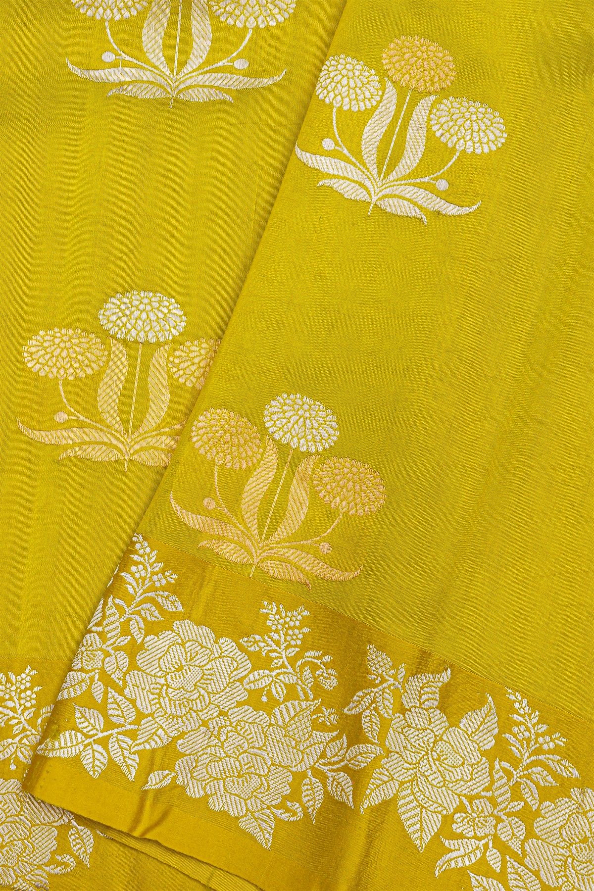 Fancy Matka Silk Mehendi Green Saree With Florals And Leaves Body And Self Florals And Leaves Border