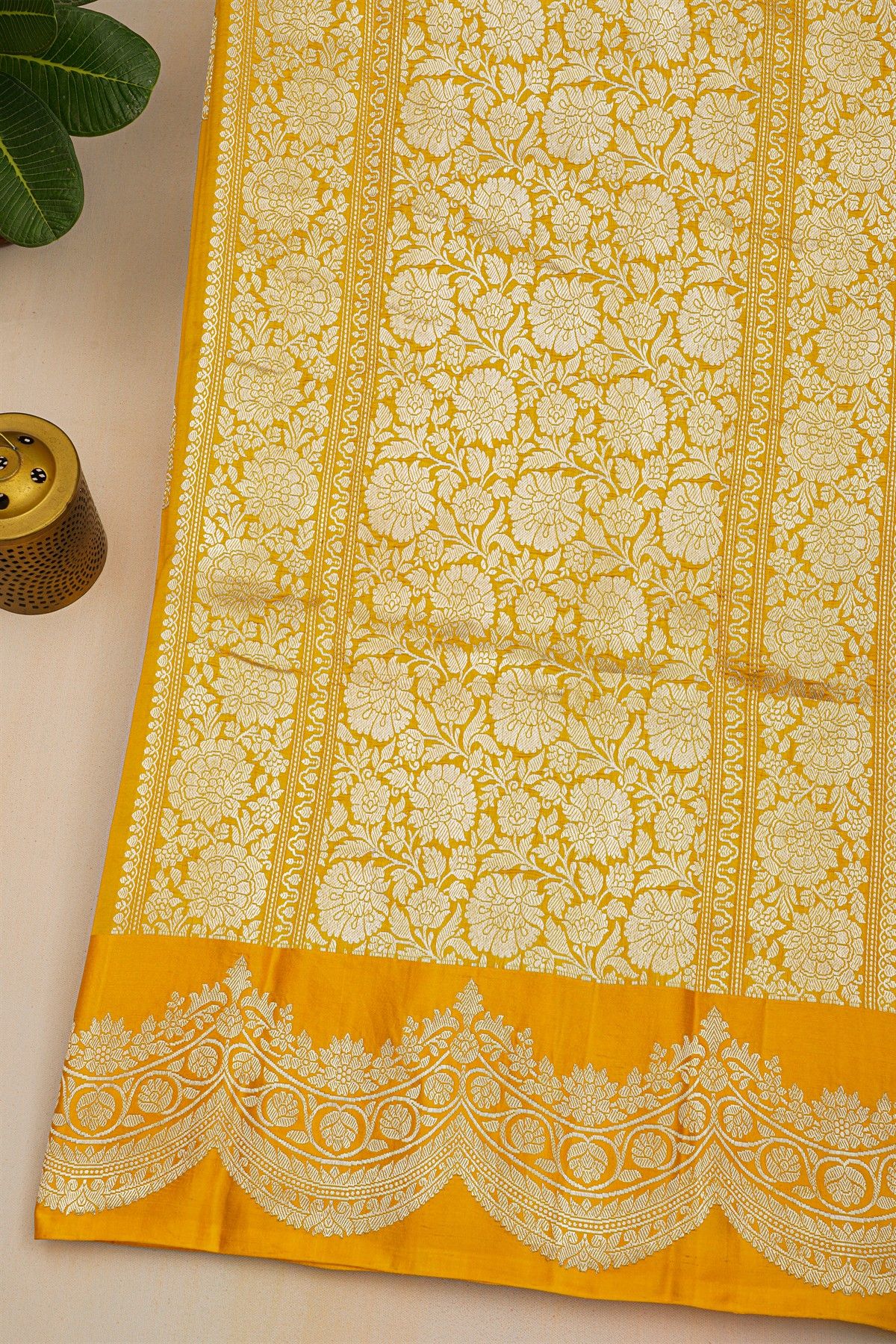 Fancy Matka Silk Golden Yellow Saree With Florals And Buttis Body And Self Florals And Leaves Jaal Border