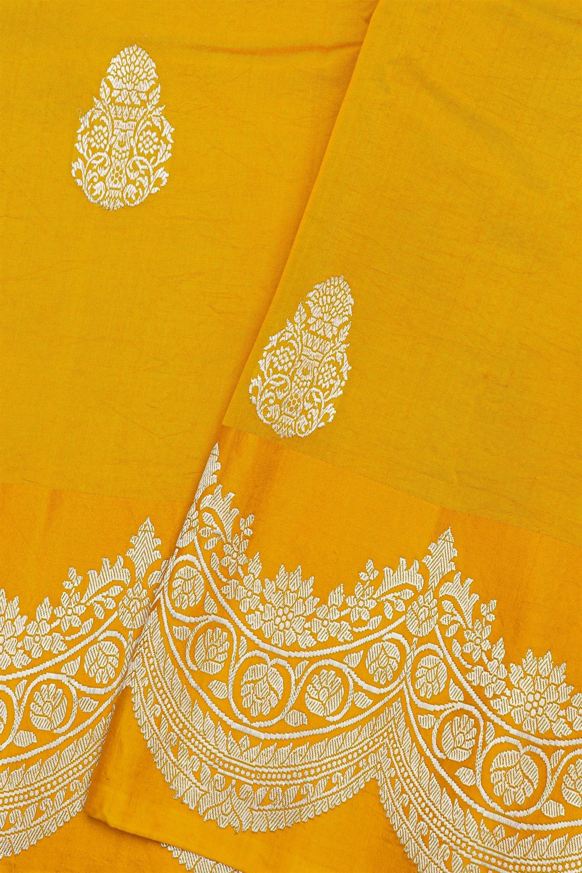 Fancy Matka Silk Golden Yellow Saree With Florals And Buttis Body And Self Florals And Leaves Jaal Border
