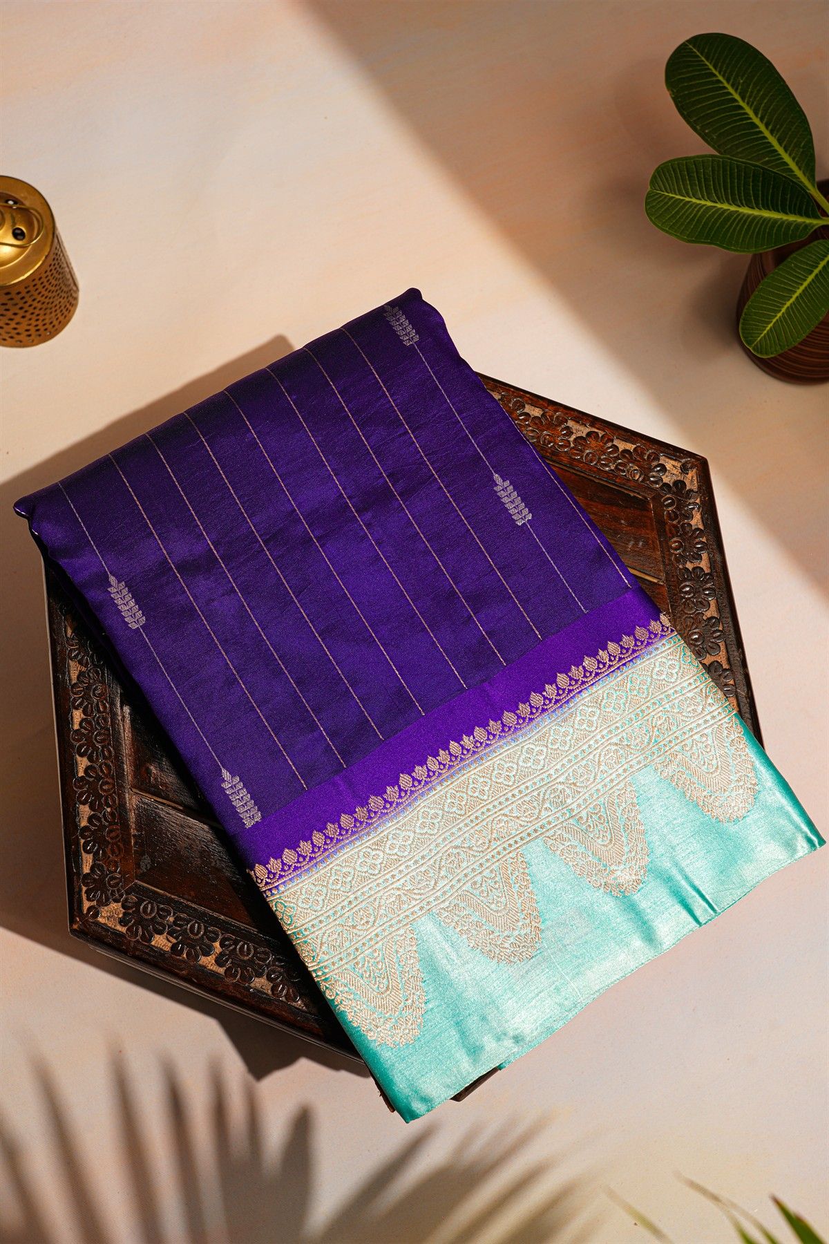 Fancy Matka Silk Purple Saree With Florals And Leaves With Zari Lines Body And Contrast Florals And Leaves Border