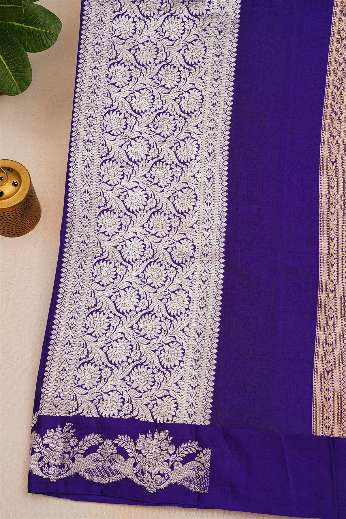 Fancy Matka Silk Royal Blue Saree With Florals And Buttis Body And Self Florals And Leaves Jaal Border
