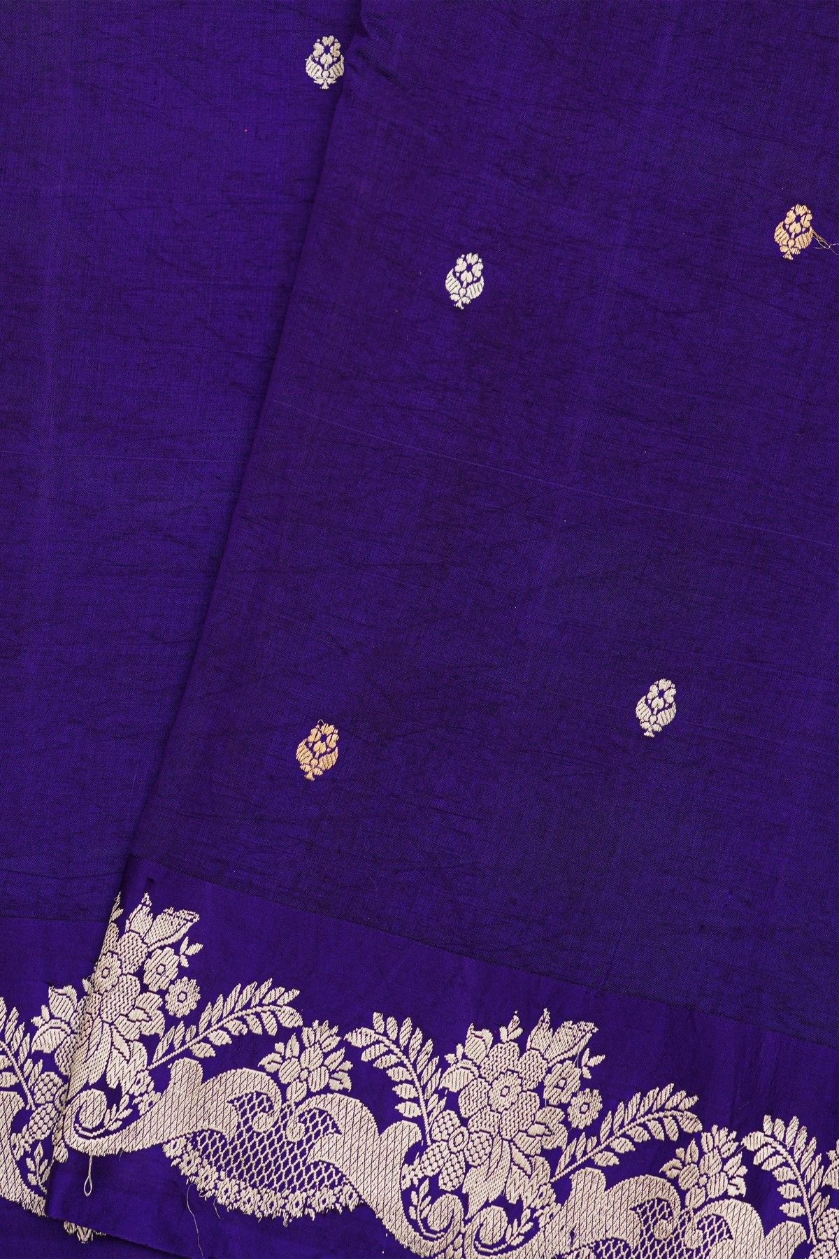 Fancy Matka Silk Royal Blue Saree With Florals And Buttis Body And Self Florals And Leaves Jaal Border