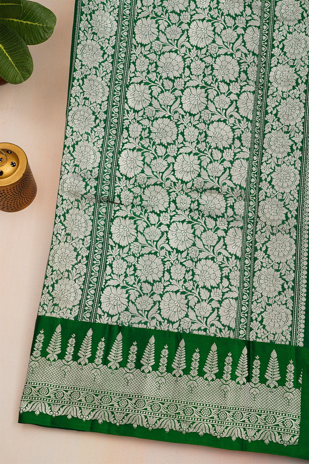 Fancy Matka Silk Bottle Green Saree With Florals And Buttis Body And Self Florals And Leaves Border